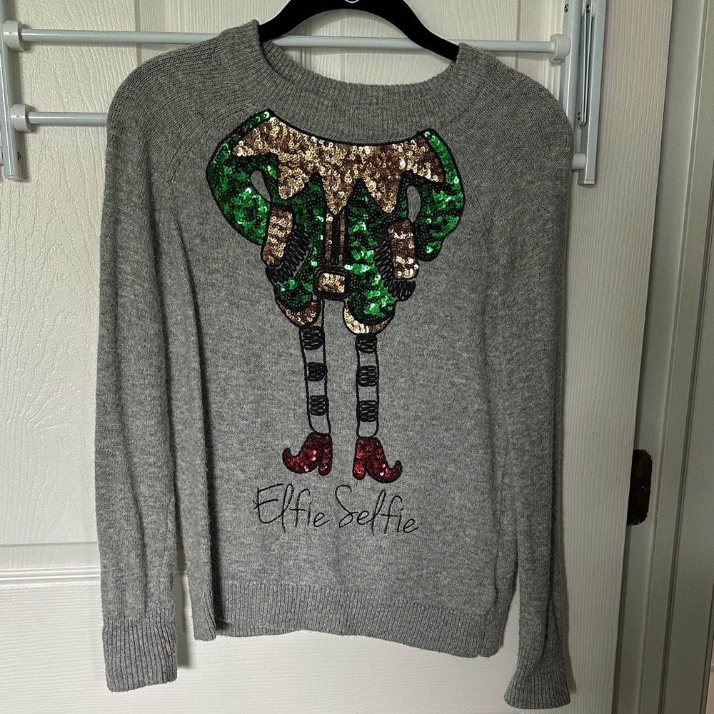H&M Gray Sweater with Sequin Elf Design